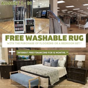 Happy August from Furniture and Carpets of Dalton! For the entire month of August take advantage of a FREE washable rug with any purchase of flooring or a bedroom set! *minimum purchase of $1,000 is REQUIRED.* Also take advantage of interest free financing for 12 months as well! #augustpromos #furnitureofdalton #carpetsofdalton #financing