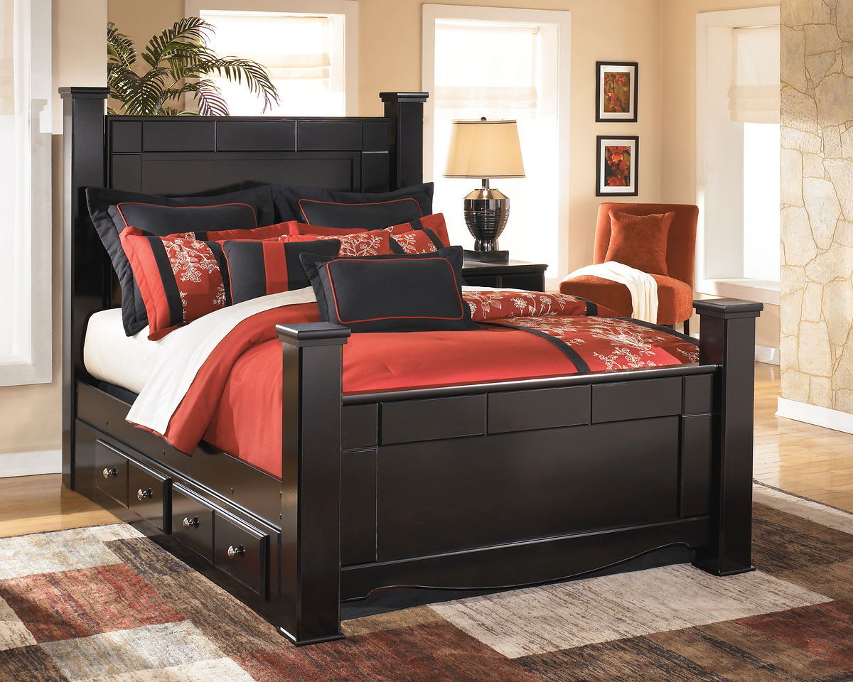 Queen Poster Bed With 2 Storage Drawers, Black Bed Frame With Drawers