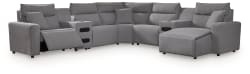 Modmax II - 7-Piece Power Reclining Sectional With RAF Press Back Power Chaise And Audio Consoles - Salt And Pepper