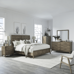 Shaker Lakes - 5 Piece Bedroom Set (Queen Panel Bed, Dresser & Mirror, Chest, Night Stand) - Harvest Brown