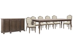 Saddle Creek - Extendable Leg Dining Table With 6 Upholstered Arm Chairs And Server - Timber Brown