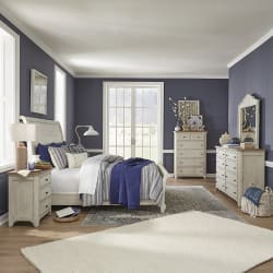 Farmhouse Reimagined - 5 Piece Bedroom Set (King Sleigh Bed, Dresser & Mirror, Chest, Nightstand) - Antique White / Chestnut Tops