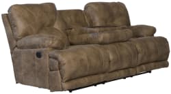 Voyager - Fabric Power Lay Flat Reclining Sofa With 3 Recliners And Drop Down Table - Brandy