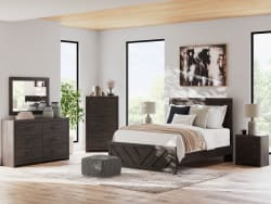 Prendonea - Charcoal - 5 Pc. - Dresser, Mirror, Chest, Queen Panel Bed