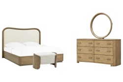 Leeza - Queen Upholstered Panel Bed, Drawer Dresser With Mirror And Bench - Brown