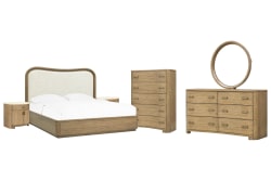 Leeza - Queen Upholstered Panel Bed, 2 Bachelor Chests, Drawer Dresser With Landscape Mirror And Drawer Chest - Brown