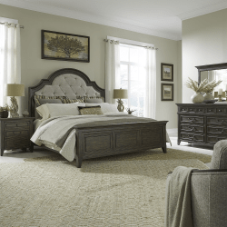 Paradise Valley - 4 Piece Bedroom Set (King Upholstered Bed, Dresser & Mirror, Nightstand) - Saddle Brown