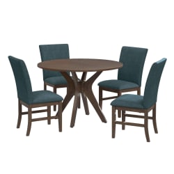 Santa Barbara - 5 Piece Standard Height Dining Set (Round Table And Four Fabric Chairs) - Walnut / Denim Blue