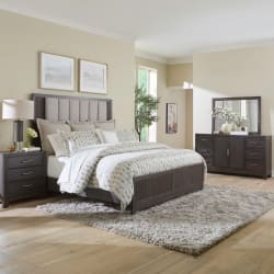 Modern Edge - 4 Piece Bedroom Set (California King Upholstered Bed, Dresser & Mirror, Night Stand) - Caffe