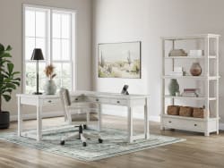 Robbinsdale - 4 Pc. - L-Shaped Home Office Desk, Home Office Desk Chair, Bookcase - Antique White