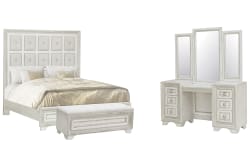 Camila - Queen Upholstered Bed, Vanity With Mirror And Bench - Creamy White