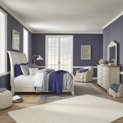 Farmhouse Reimagined - 3 Piece Bedroom Set (King Sleigh Bed, Dresser & Mirror) - Antique White / Chestnut Tops