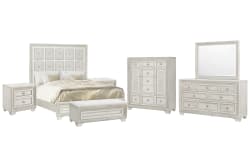Camila - Queen Upholstered Bed, 2 Nightstands, Drawer Dresser With Mirror, Door Chest And Bench - Creamy White