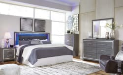 Lodanna - Gray - 4 Pc. - Dresser, Mirror, King Upholstered Panel Headboard with Bolt on Bed Frame