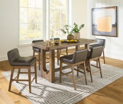 Cabalynn - 7 Pc. - Rectangular Dining Room Counter Table, 6 Upholstered Barstools - Light Brown