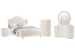 Vivienne - Queen Upholstered Panel Bed, 2 Nightstands, Drawer Dresser With Mirror And Drawer Chest - Whisper White