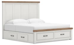 Savonport - King Panel Storage Bed With Storage Footboard And 2 Under Bed Storage Units - White / Brown