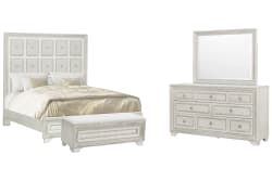 Camila - Queen Upholstered Bed, Drawer Dresser With Mirror And Bench - Creamy White
