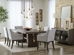 Burkhaus - 8 Pc. - Dining Room Extension Table, 6 Arm Chairs, Server - Dark Brown
