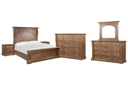 Gallant Grove - California King Panel Bed, 2 Nightstands, Drawer Dresser With Landscape Mirror And Tall Chest - Brown