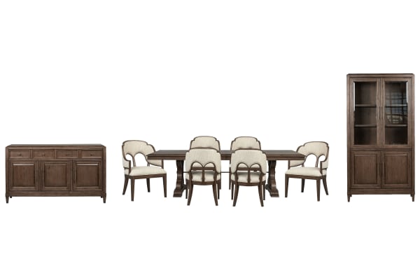 Jubilee - Extendable Trestle Dining Table With 6 Arm Chairs, Sideboard And Display Cabinet - Brown / White