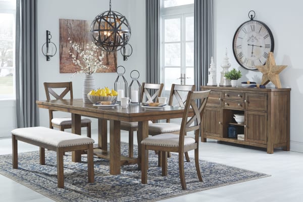 Moriville - Dark Gray - 7 Pc. - Extension Table, 4 Side Chairs, Bench, Server