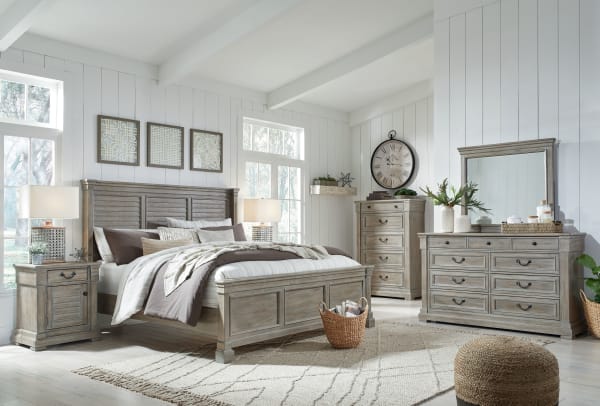 Moreshire - Bisque - 6 Pc. - Dresser, Mirror, Chest, King Panel Bed