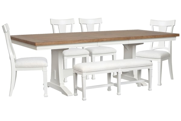 Kingston - Extendable Trestle Dining Table With 4 Side Chairs And Bench - Whisper White And Cerused Nutmeg