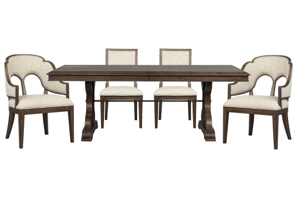 Jubilee - Extendable Trestle Dining Table With 2 Side Chairs And 2 Arm Chairs - Brown / White