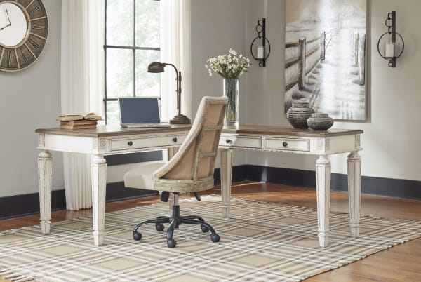 Realyn - White / Brown - 3 Pc. - L Shaped Desk With Lift Top, Swivel Desk Chair