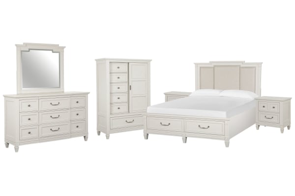 Willowbrook - King Panel Upholstered Storage Bed, 2 Nightstands, Drawer Dresser With Landscape Mirror And Door Chest - Egg Shell White