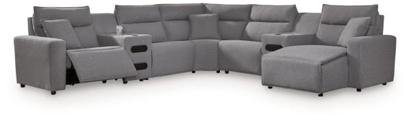 Modmax II - 7-Piece Power Reclining Sectional With RAF Press Back Power Chaise And Audio Consoles - Salt And Pepper