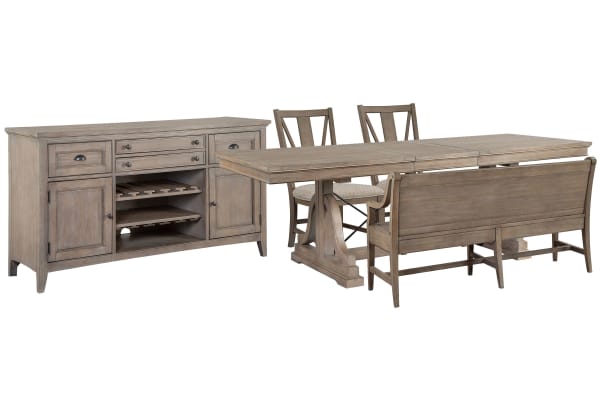 Paxton Place - Extendable Trestle Dining Table With 2 Side Chairs, Bench And Buffet - Dovetail Gray