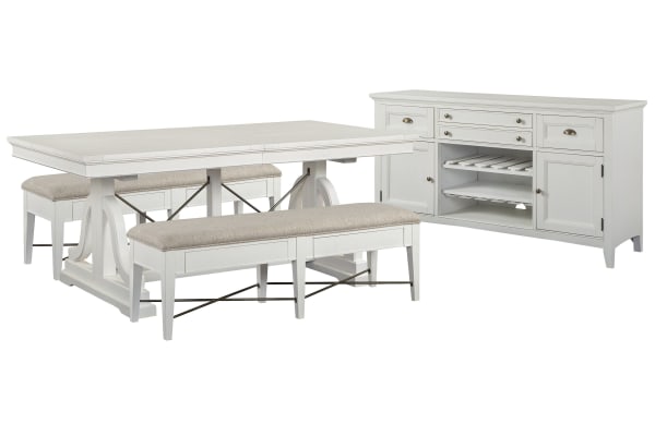 Heron Cove - Extendable Trestle Dining Table With 2 Upholstered Benches And Buffet - Chalk White And Dovetail Gray