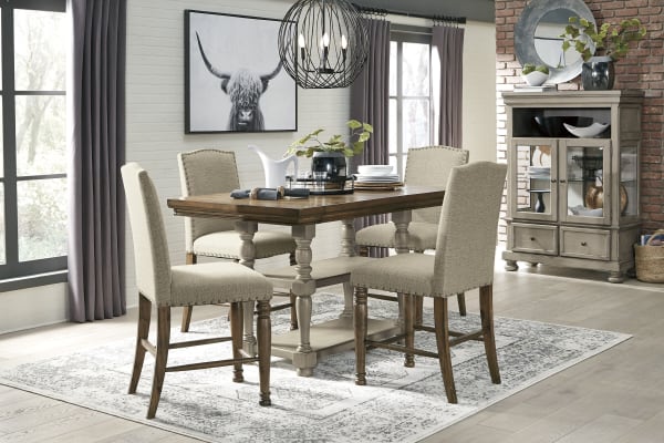 Lettner - Gray/Brown - 5 Pc. - Rectangular Dining Room Counter Extension Table, 4 Upholstered Barstools
