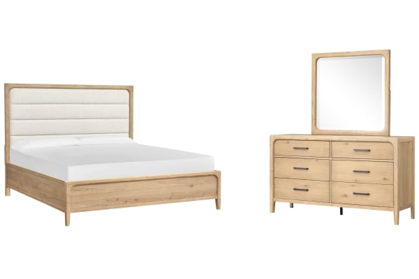 Somerset - California King Upholstered Panel Bed And Drawer Dresser With Landscape Mirror - Butternut