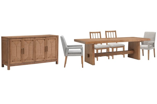Lindon - Trestle Dining Table With 2 Side Chairs, 2 Arm Chairs And Buffet - Belgian Wheat / Gray