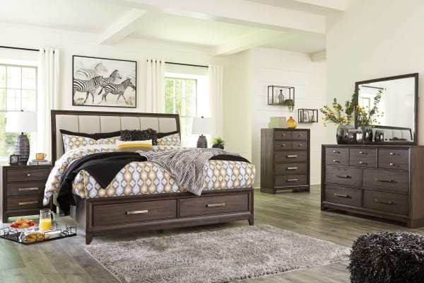 Brueban - Rich Brown - 6 Pc. - Dresser, Mirror, Chest & Queen Panel Bed With 2 Storage Drawers