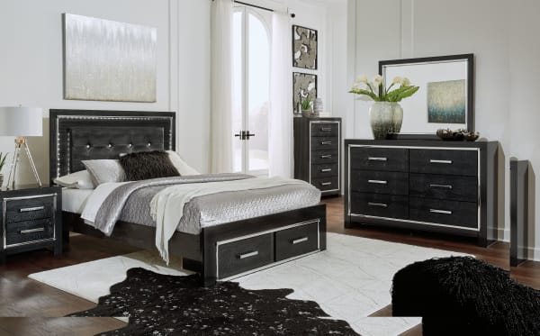 Kaydell - Black - 5 Pc. - Dresser, Mirror, Queen Upholstered Panel Bed With 2 Storage Drawers