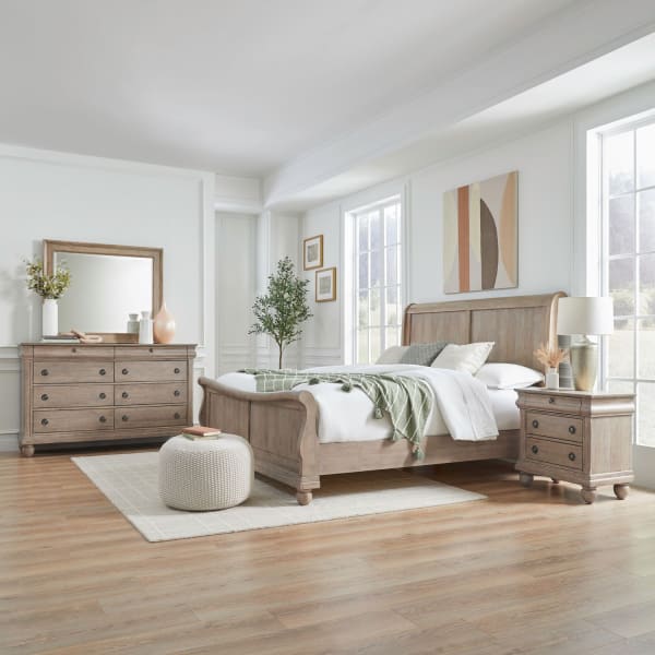 Rustic Traditions - 4 Piece Bedroom Set (California King Sleigh Bed, Dresser & Mirror, Night Stand) - Brown
