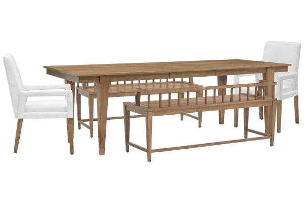 Lindon - Extendable Rectangular Dining Table With 2 Arm Benches And 2 Arm Chairs - Belgian Wheat / White