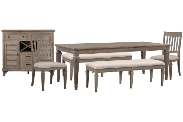 Lancaster - Extendable Rectangular Dining Table, 2 Benches, 2 Side Chairs And Server - Dovetail Gray