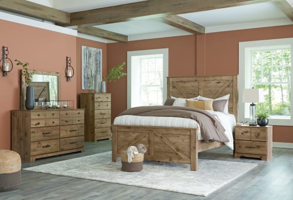 Shurlee - Light Brown - 7 Pc. - Dresser, Mirror, King Crossbuck Panel Bed, 2 Nightstands
