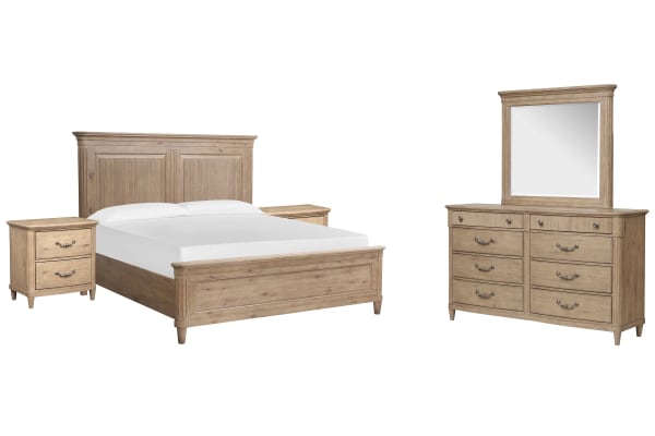Harmony Heights - King Panel Bed, 2 Nightstands And Double Drawer Dresser With Landscape Mirror - Belgium Wheat