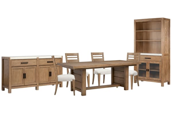 Plum Creek - Extendable Trestle Dining Table With 4 Side Chairs, Server And Display Cabinet - Sierra Brown