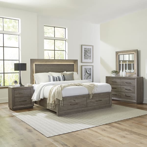 Horizons - 4 Piece Bedroom Set (King Storage Bed, Dresser & Mirror, Nightstand) - Gray