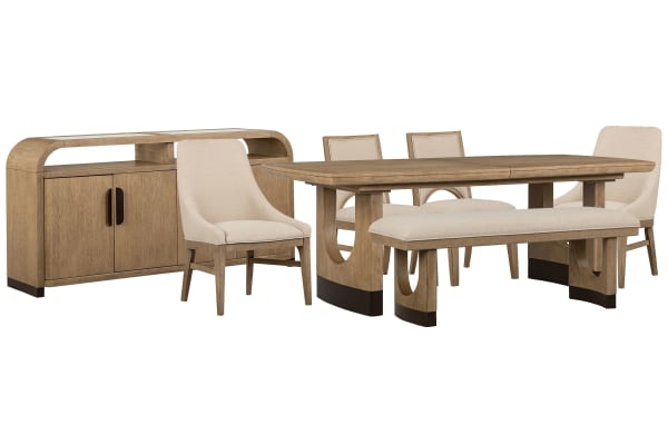 Tristan - Extendable Trestle Dining Table With 2 Side Chairs, 2 Arm Chairs, Bench And Sideboard - Swiss Coffee / Beige