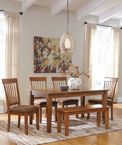 Berringer - Rustic Brown - 6 Pc. - Rectangular Dining Room Table, 4 Upholstered Side Chairs, Large Bench