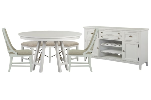 Heron Cove - 52" Round Dining Table With 2 Host Chairs, Curved Bench And Buffet - Chalk White And Dovetail Gray