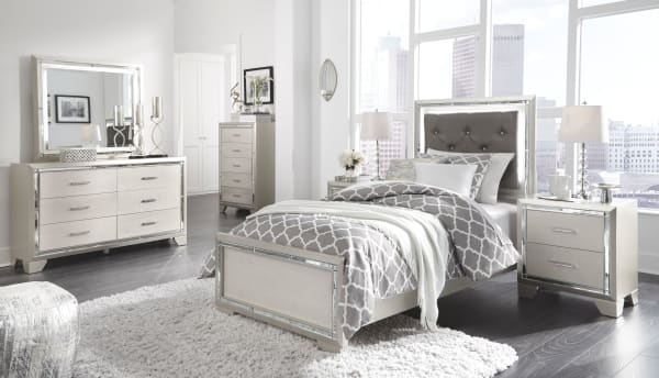 Lonnix - Silver Finish - 8 Pc. - Dresser, Mirror, Chest, Twin Panel Bed, 2 Nightstands